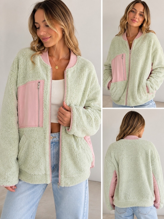 We The Free Jackets & Blazers - We The Free Free People Rivington Sherpa Jacket L NWOT Pink Green Fleece Bomber